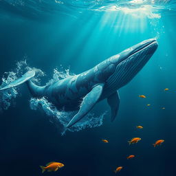 A majestic whale emerging from the ocean, adorned with intricate patterns and designs resembling stock market graphs and trading symbols, surrounded by splashes of water and colorful fish