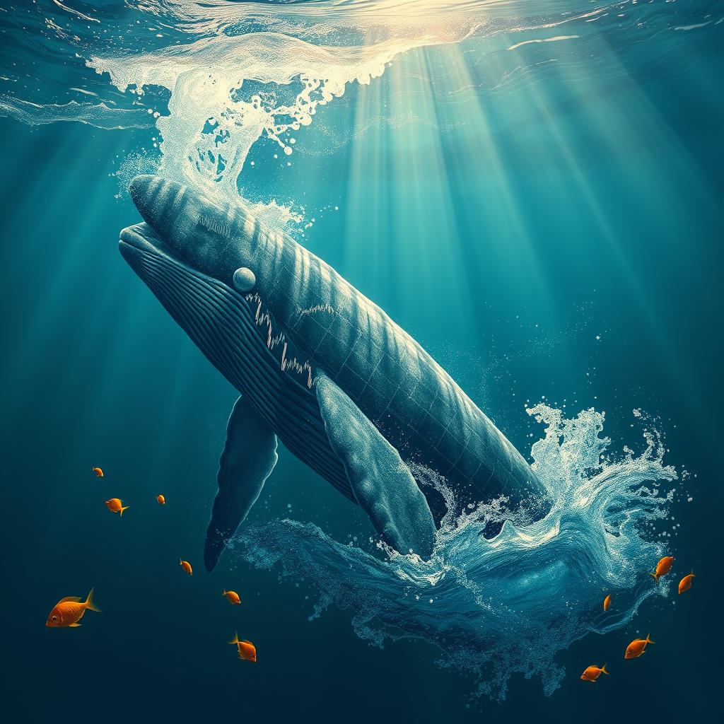 A majestic whale emerging from the ocean, adorned with intricate patterns and designs resembling stock market graphs and trading symbols, surrounded by splashes of water and colorful fish
