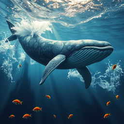 A majestic whale emerging from the ocean, adorned with intricate patterns and designs resembling stock market graphs and trading symbols, surrounded by splashes of water and colorful fish