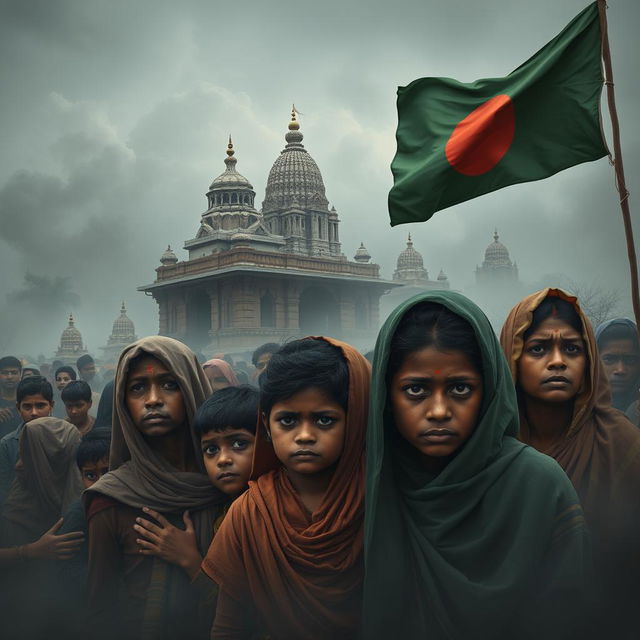 A poignant scene illustrating the plight of Bangladeshi Hindus under threat from extremist Islamist groups