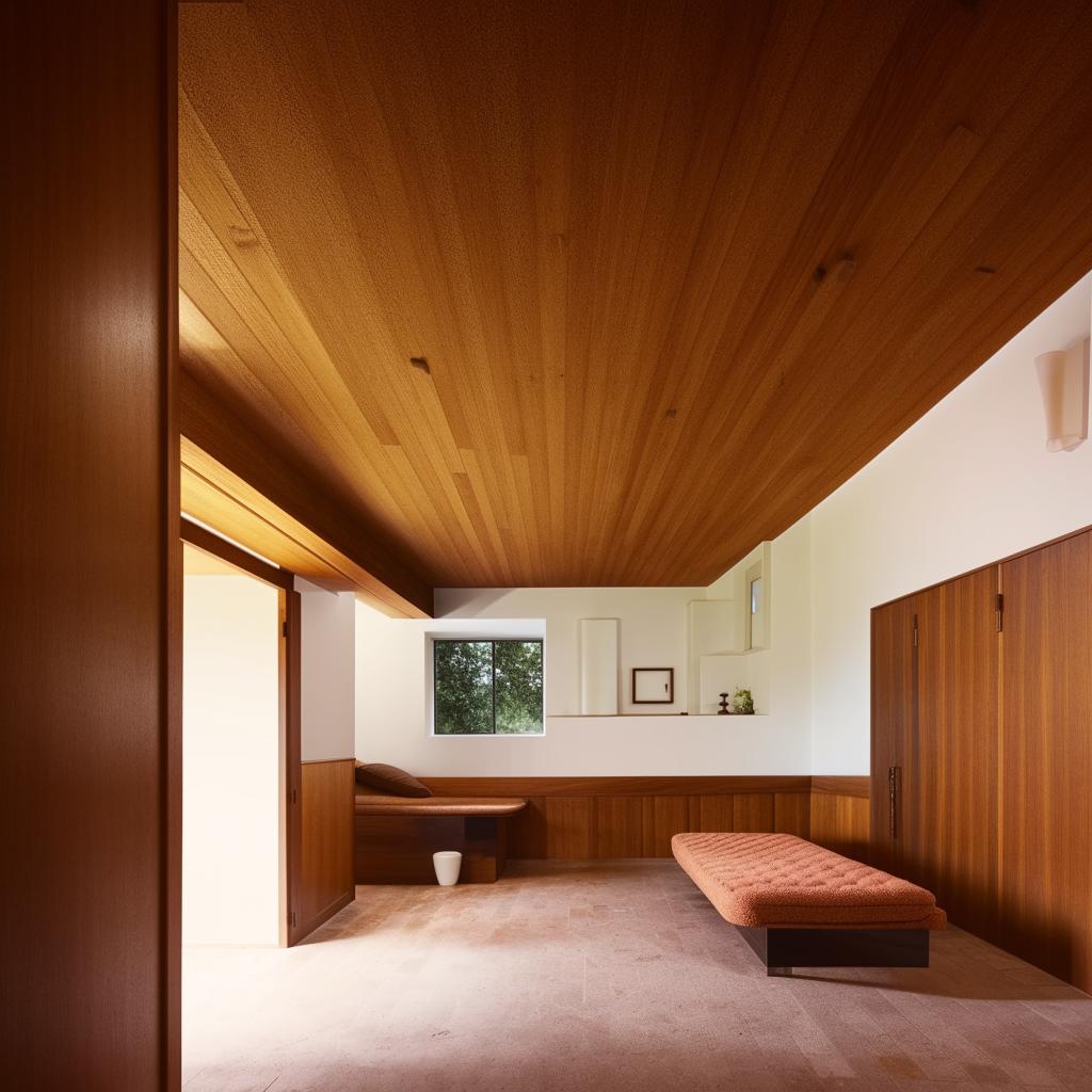 A long living room reflecting the mid-century modern architecture style, incorporating an elegantly designed inbuilt seater. The room showcases the minimalistic sophistication and organic integration typical of the style.