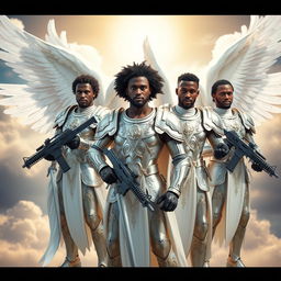 A group of heroic Black African male angels, depicted with majestic wings, clad in shining white armor that reflects light, each holding a sword in one hand and a modern machine gun in the other