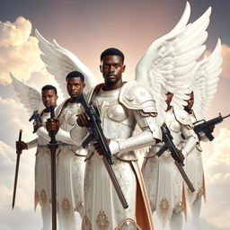 A group of heroic Black African male angels, depicted with majestic wings, clad in shining white armor that reflects light, each holding a sword in one hand and a modern machine gun in the other