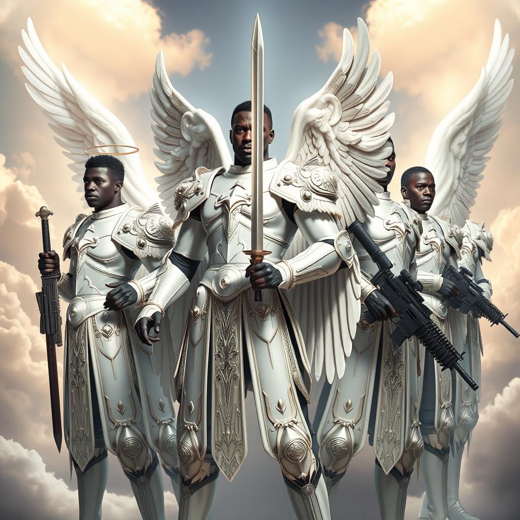 A group of heroic Black African male angels, depicted with majestic wings, clad in shining white armor that reflects light, each holding a sword in one hand and a modern machine gun in the other