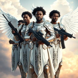 A group of heroic Black African male angels, depicted with majestic wings, clad in shining white armor that reflects light, each holding a sword in one hand and a modern machine gun in the other