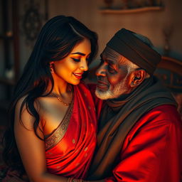 A sensual and intimate scene featuring a beautiful young Hindu woman with long dark hair, glowing skin, wearing elegant traditional clothing, sharing a cozy moment with an elderly black Muslim man, who has unique facial features and is wearing a modest attire