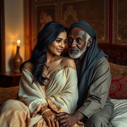 A sensual and intimate scene featuring a beautiful young Hindu woman with long dark hair, glowing skin, wearing elegant traditional clothing, sharing a cozy moment with an elderly black Muslim man, who has unique facial features and is wearing a modest attire