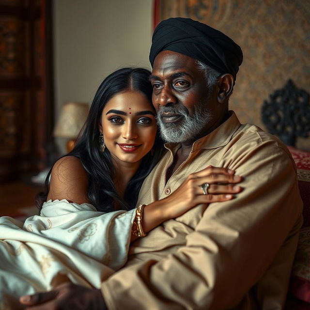 A sensual and intimate scene featuring a beautiful young Hindu woman with long dark hair, glowing skin, wearing elegant traditional clothing, sharing a cozy moment with an elderly black Muslim man, who has unique facial features and is wearing a modest attire