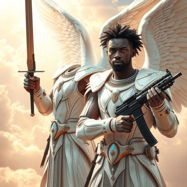 A striking scene featuring Black African male angels, each adorned in radiant white armor that gleams under heavenly light