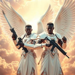 A striking scene featuring Black African male angels, each adorned in radiant white armor that gleams under heavenly light