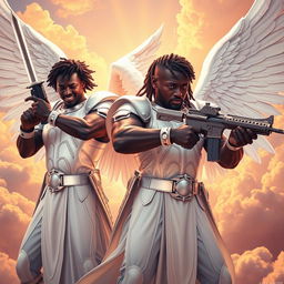 A striking scene featuring Black African male angels, each adorned in radiant white armor that gleams under heavenly light