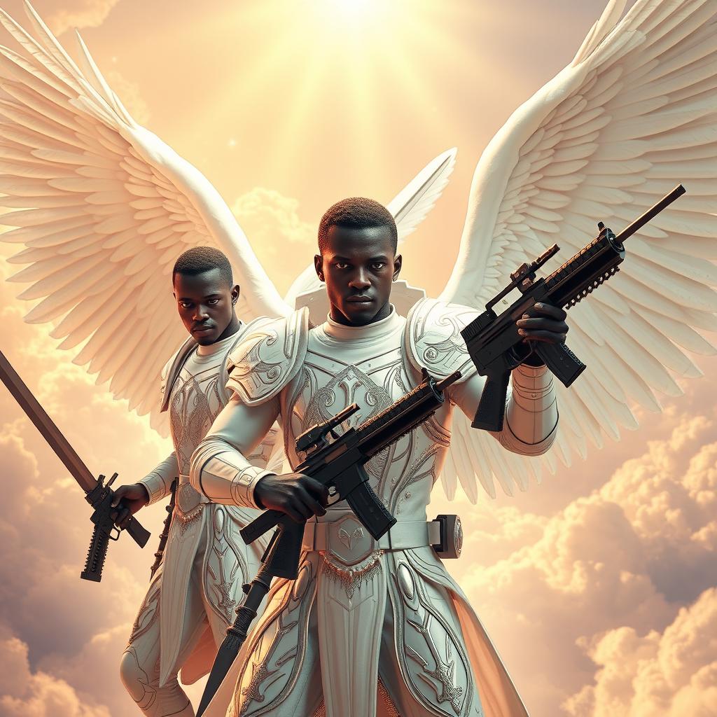A striking scene featuring Black African male angels, each adorned in radiant white armor that gleams under heavenly light