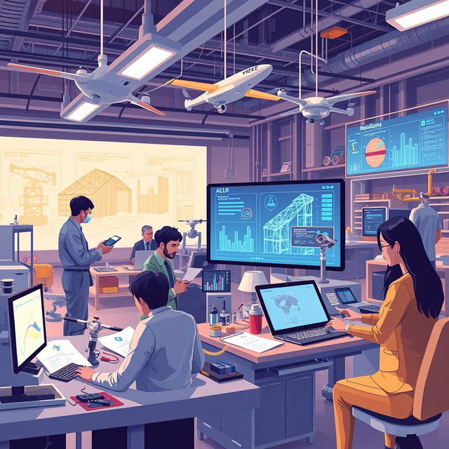 A visually captivating illustration showcasing the application of artificial intelligence in engineering activities