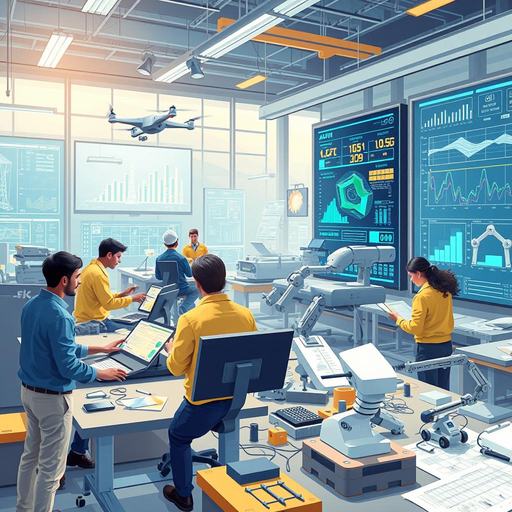 A visually captivating illustration showcasing the application of artificial intelligence in engineering activities