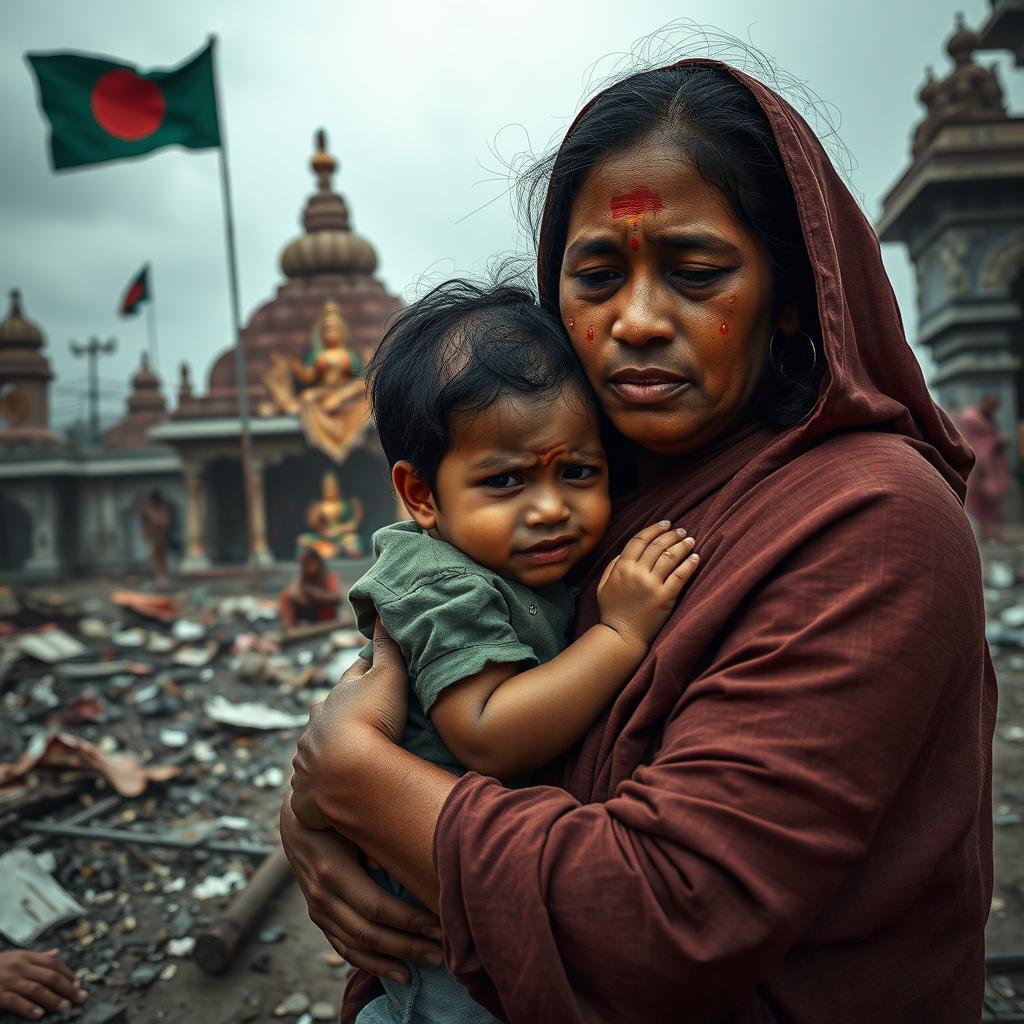 A poignant scene depicting the plight of Bangladeshi Hindus facing attacks from extremist Islamist groups