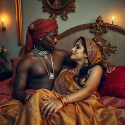 An intimate and romantic scene featuring a young, sexy, beautiful Hindu woman adorned with sindur, displaying her cultural elegance while semi-nude, showcasing her confident and alluring beauty