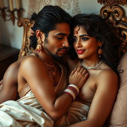 An intimate and romantic scene featuring a young, sexy, beautiful Hindu woman adorned with sindur, displaying her cultural elegance while semi-nude, showcasing her confident and alluring beauty
