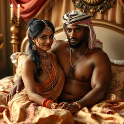 An intimate and romantic scene featuring a young, sexy, beautiful Hindu woman adorned with sindur, displaying her cultural elegance while semi-nude, showcasing her confident and alluring beauty