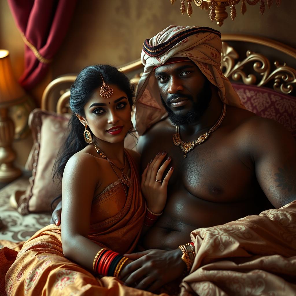 An intimate and romantic scene featuring a young, sexy, beautiful Hindu woman adorned with sindur, displaying her cultural elegance while semi-nude, showcasing her confident and alluring beauty