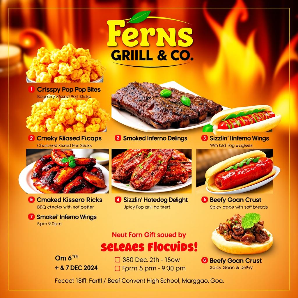 A vibrant and eye-catching menu poster for Ferns Grill & Co