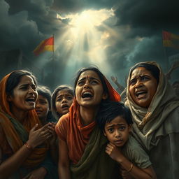A heart-wrenching scene depicting a group of vulnerable Hindu women and children in distress, crying and begging for help