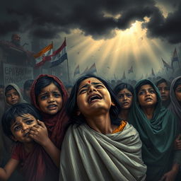A heart-wrenching scene depicting a group of vulnerable Hindu women and children in distress, crying and begging for help