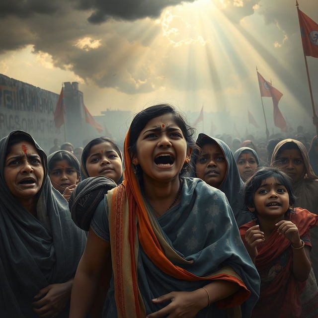 A heart-wrenching scene depicting a group of vulnerable Hindu women and children in distress, crying and begging for help