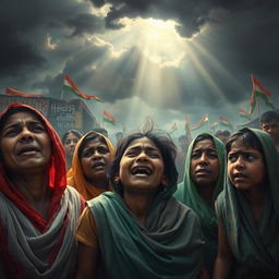 A heart-wrenching scene depicting a group of vulnerable Hindu women and children in distress, crying and begging for help