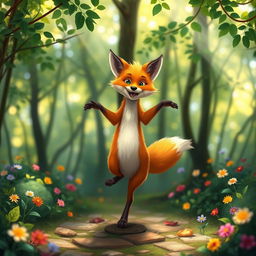 A whimsical scene of a fox standing on two legs, playfully balancing as if it were dancing or performing