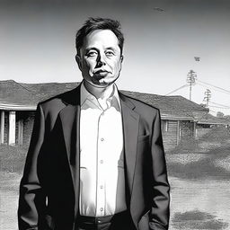 A poignant depiction of Elon Musk in a state of poverty, standing in stark contrast to his usual affluent persona.