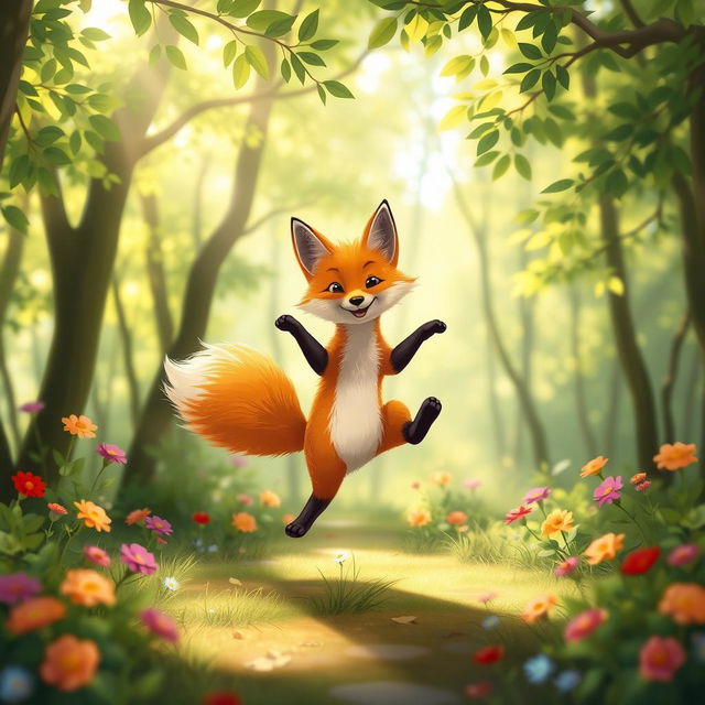 A whimsical scene of a fox standing on two legs, playfully balancing as if it were dancing or performing