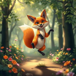 A whimsical scene of a fox standing on two legs, playfully balancing as if it were dancing or performing