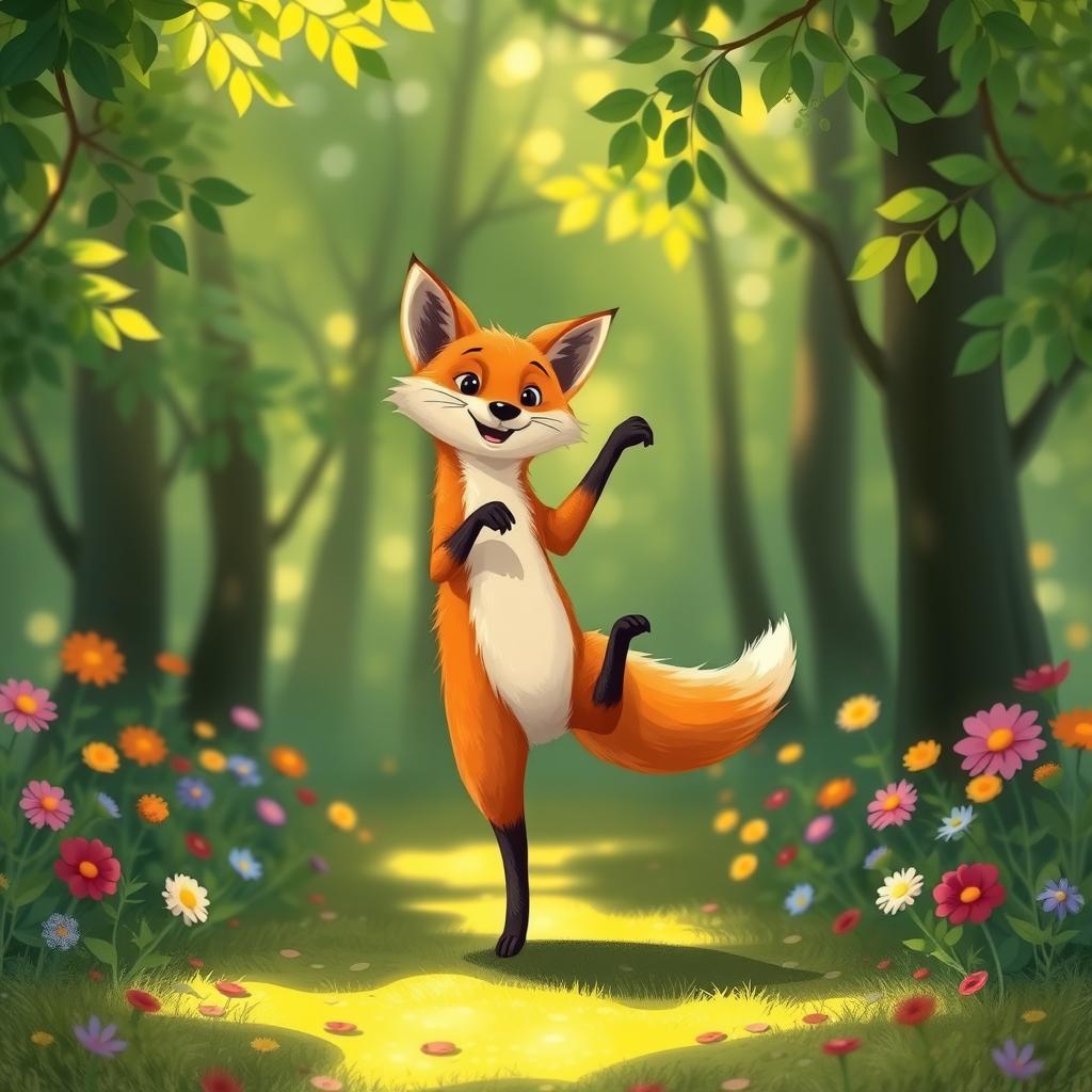 A whimsical scene of a fox standing on two legs, playfully balancing as if it were dancing or performing