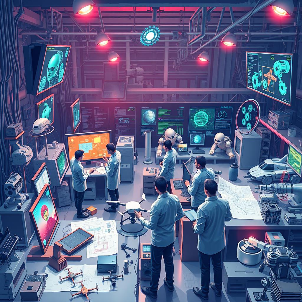 A comprehensive and visually striking illustration highlighting the role of artificial intelligence in engineering activities