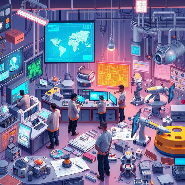 A comprehensive and visually striking illustration highlighting the role of artificial intelligence in engineering activities