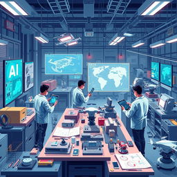 A comprehensive and visually striking illustration highlighting the role of artificial intelligence in engineering activities