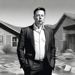 A poignant depiction of Elon Musk in a state of poverty, standing in stark contrast to his usual affluent persona.