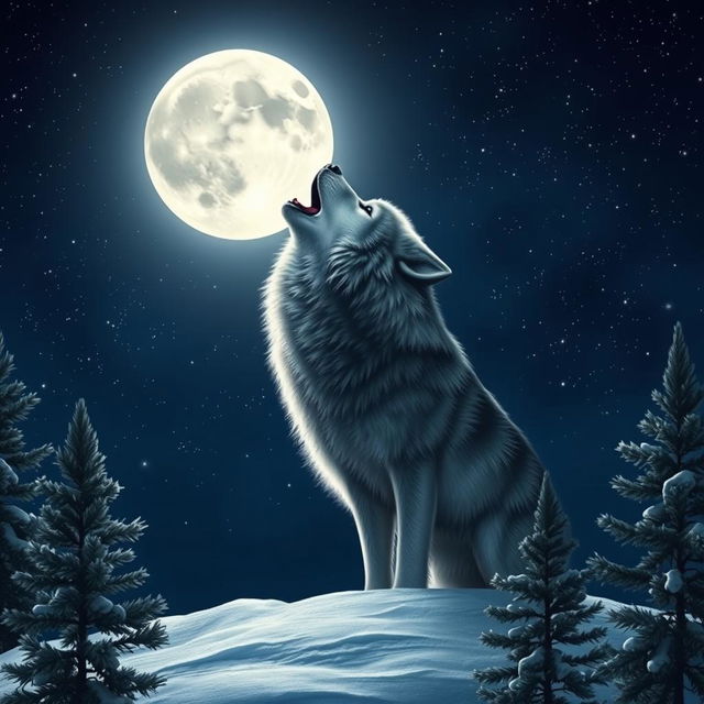 A majestic wolf howling at a full moon, set against a stunning night sky filled with stars
