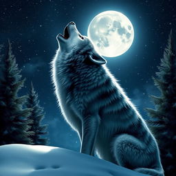 A majestic wolf howling at a full moon, set against a stunning night sky filled with stars