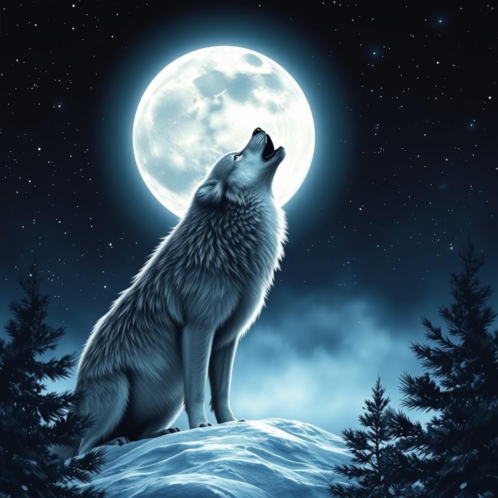 A majestic wolf howling at a full moon, set against a stunning night sky filled with stars