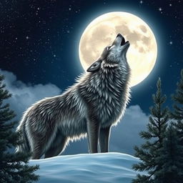 A majestic wolf howling at a full moon, set against a stunning night sky filled with stars