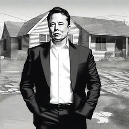 A poignant depiction of Elon Musk in a state of poverty, standing in stark contrast to his usual affluent persona.