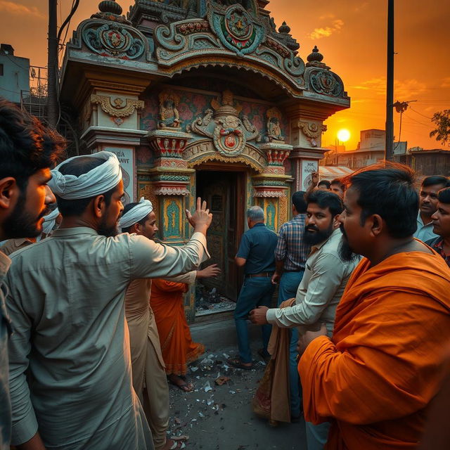 The scene captures a tense and dramatic moment in an urban area of Bangladesh, where a group of individuals, wearing traditional clothing, are seen vandalizing a Hindu temple with vivid details