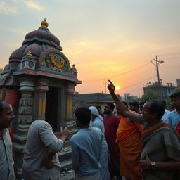 The scene captures a tense and dramatic moment in an urban area of Bangladesh, where a group of individuals, wearing traditional clothing, are seen vandalizing a Hindu temple with vivid details