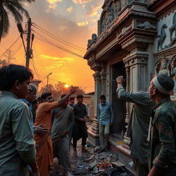 The scene captures a tense and dramatic moment in an urban area of Bangladesh, where a group of individuals, wearing traditional clothing, are seen vandalizing a Hindu temple with vivid details