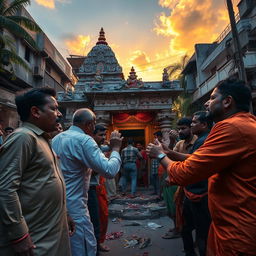 The scene captures a tense and dramatic moment in an urban area of Bangladesh, where a group of individuals, wearing traditional clothing, are seen vandalizing a Hindu temple with vivid details