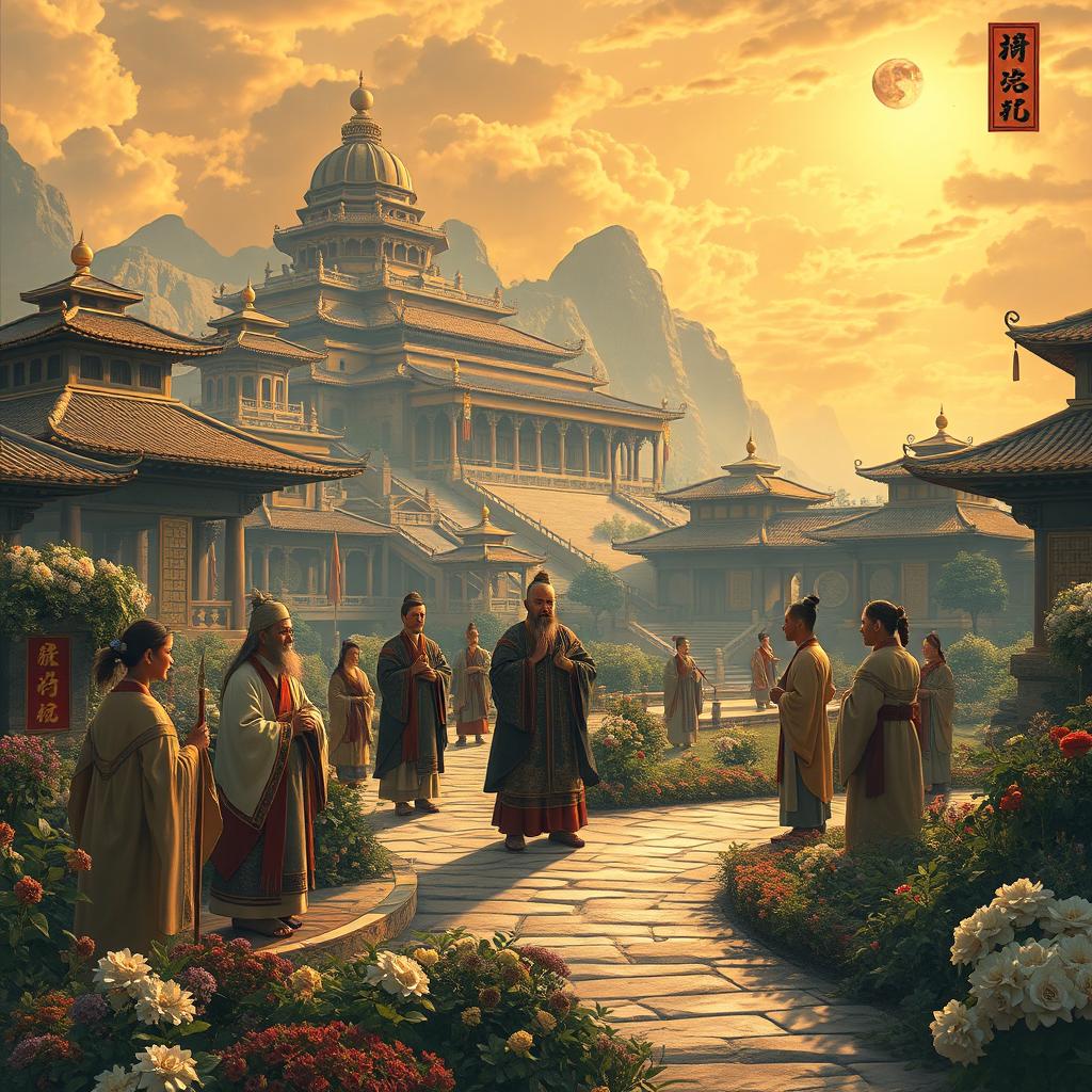 A historical depiction of revered figures in a majestic ancient city, surrounded by intricate architecture and lush gardens, showcasing a sense of peace and harmony