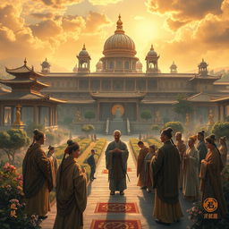 A historical depiction of revered figures in a majestic ancient city, surrounded by intricate architecture and lush gardens, showcasing a sense of peace and harmony
