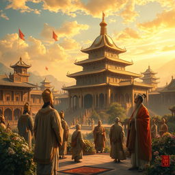 A historical depiction of revered figures in a majestic ancient city, surrounded by intricate architecture and lush gardens, showcasing a sense of peace and harmony