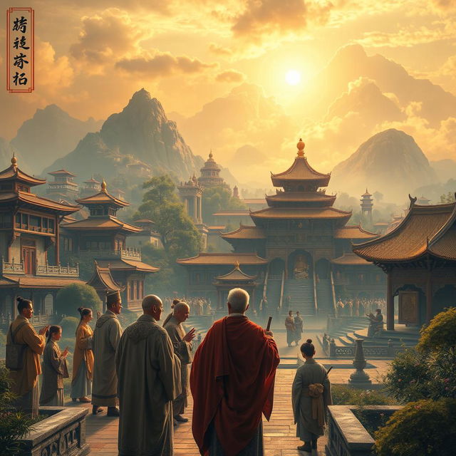 A historical depiction of revered figures in a majestic ancient city, surrounded by intricate architecture and lush gardens, showcasing a sense of peace and harmony